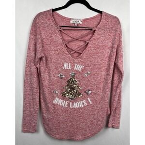 "All the Jingle Ladies" Sequin Christmas Sweater Top Crisscross V-Neck Red M